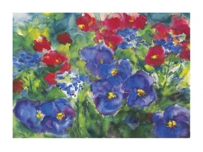 Kremkau Christine, Im Sommergarten (Malerei, Aquarell, Blumen, Blüten, Sommer, Wiesenblumen, Treppenhaus, Wohnzimmer,  blau / rot,)