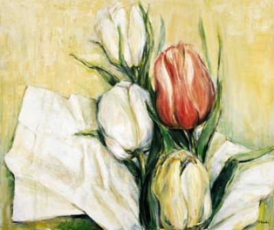 Elisabeth Krobs, Tulipa Antica (Blumen, Blüten, Blumenstrauß, Tulpen, filigran, zart,floral, Malerei, Wohnzimmer, Treppenhaus, Esszimmer, bunt)
