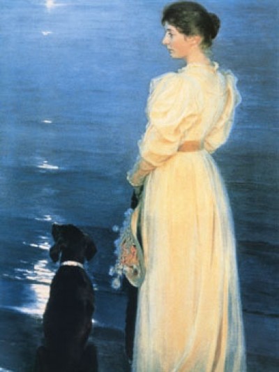 Peder Severin Kroyer, Summer evening at Skagen (Klassiker, Malerei, Impressionismus, Norwegen, Meer, Strand, Sommerabend, Frau, Spaziergang, Hund, Melancholie, Licht, Refexion, Wohnzimmer, Treppenhaus, bunt)