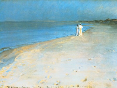 Peder Severin Kroyer, Summer evening (Klassiker, Malerei, Impressionismus, Norwegen, Meer, Strand, Sommerabend, Frauen, Spaziergang, Wohnzimmer, Arztpraxis, blau / beige)