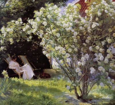 Peder Severin Kroyer, Havepartie Med Marie (Klassiker, Malerei, Impressionismus, Licht, Schatten, Reflexion, Leuchtkraft, Frau, Sommer, Garten, Busch, Strauch, Rosen, Blüten, Liegestuhl, Zeitung, bunt)