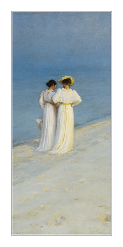 Peder Severin Kroyer, Sommerabend auf Skagen (Detail) (Klassiker, Malerei, Impressionismus, Norwegen, Meer, Strand, Sommerabend, Frauen, Spaziergang, Wohnzimmer, Arztpraxis, blau / beige)