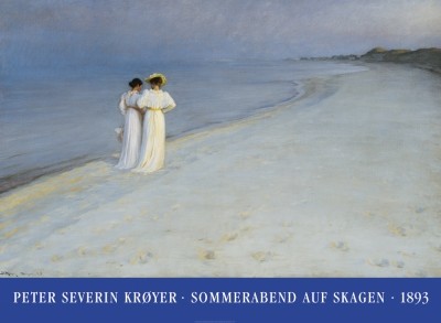 Peder Severin Kroyer, Sommerabend auf Skagen (Klassiker, Malerei, Impressionismus, Norwegen, Meer, Strand, Sommerabend, Frauen, Spaziergang, Wohnzimmer, Arztpraxis, blau / beige)