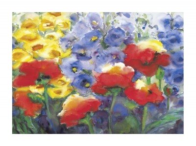 Kremkau Christine, Zauber in Gelb, Rot und Blau (Malerei, Aquarell, Blumen, Blüten, Sommer, Wiesenblumen, Treppenhaus, Wohnzimmer, bunt)