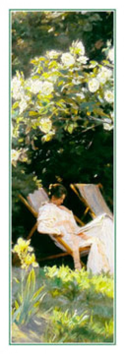 Peder Severin Kroyer, Havepartie med Marie Kroyer (Klassiker, Malerei, Impressionismus, Licht, Schatten, Reflexion, Leuchtkraft, Frau, Sommer, Garten, Liegestuhl, Zeitung, bunt)