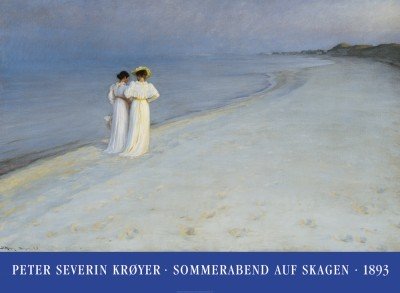 Peder Severin Kroyer, Sommerabend auf Skagen (Klassiker, Malerei, Impressionismus, Norwegen, Meer, Strand, Sommerabend, Frauen, Spaziergang, Wohnzimmer, Arztpraxis, blau / beige)