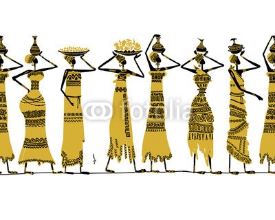 Kudryashka, Ethnic women with jugs, seamless background for your design (mustern, afrikanisch, indianer, nahtlos, vektor, tribal, mädchen, isoliert, menschlich, kleidung, tapete, dekoration, ohrring, ethnie, charakter, ornament, braun, life, kultur, erwachsen, gekachelt, sommer, afrika, leute, ethnisch, traditionell, weiblic)