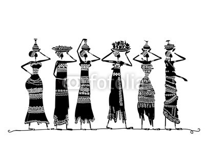 Kudryashka, Sketch of ethnic women with jugs for your design (kunst, indianer, afrikanisch, malerei, mädchen, frau, isoliert, menschlich, kleidung, dekoration, ohrring, abspecken, ethnie, charakter, tribal, ornament, freundinnen, vektor, life, kultur, erwachsen, afrika, leute, ethnisch, traditionell, weiblich, asie)