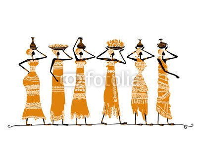 Kudryashka, Sketch of ethnic women with jugs for your design (kunst, indianer, afrikanisch, malerei, mädchen, frau, isoliert, menschlich, kleidung, dekoration, ohrring, abspecken, ethnie, charakter, tribal, ornament, freundinnen, vektor, life, kultur, erwachsen, afrika, leute, ethnisch, traditionell, weiblich, asie)