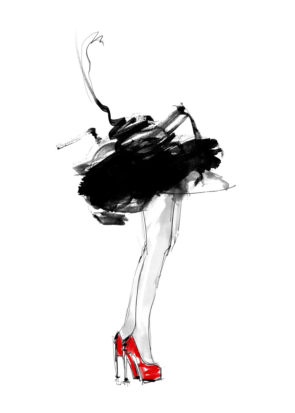 Lotta Larsdotter, Red Shoes (Frau, Frauenbeine, stilisiert, abstrahiert, rote Schuhe, Modern, zeitgenössisch, Wunschgröße, Wohnzimmer, schwarz/weiß/rot)