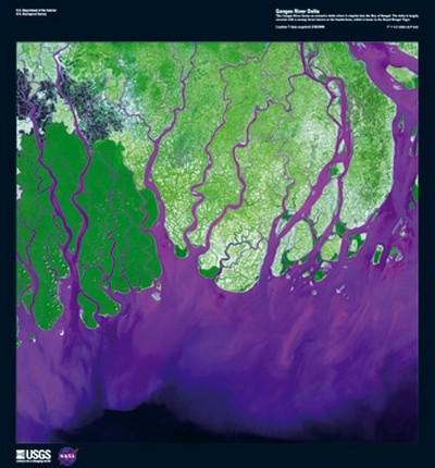 Landsat-7, Ganges River Delta (Wunschgröße, Photokunst, Fotokunst, Nasa, Satellit, Satellitenbild, Indien, Fluss, Flussmündung, Delta, Land, Meer,  Wohnzimmer, Büro, Treppenhaus, bunt)