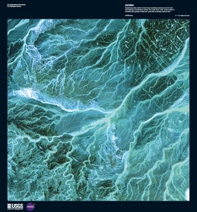Landsat-7, Jordan (Wunschgröße, Photokunst, Fotokunst, Nasa, Satellit, Satellitenbild, Fluss, Grenzfluss, Israel, Jordanien,Blitze, Gewitter,   Wohnzimmer, Büro, Treppenhaus, blau / grau)