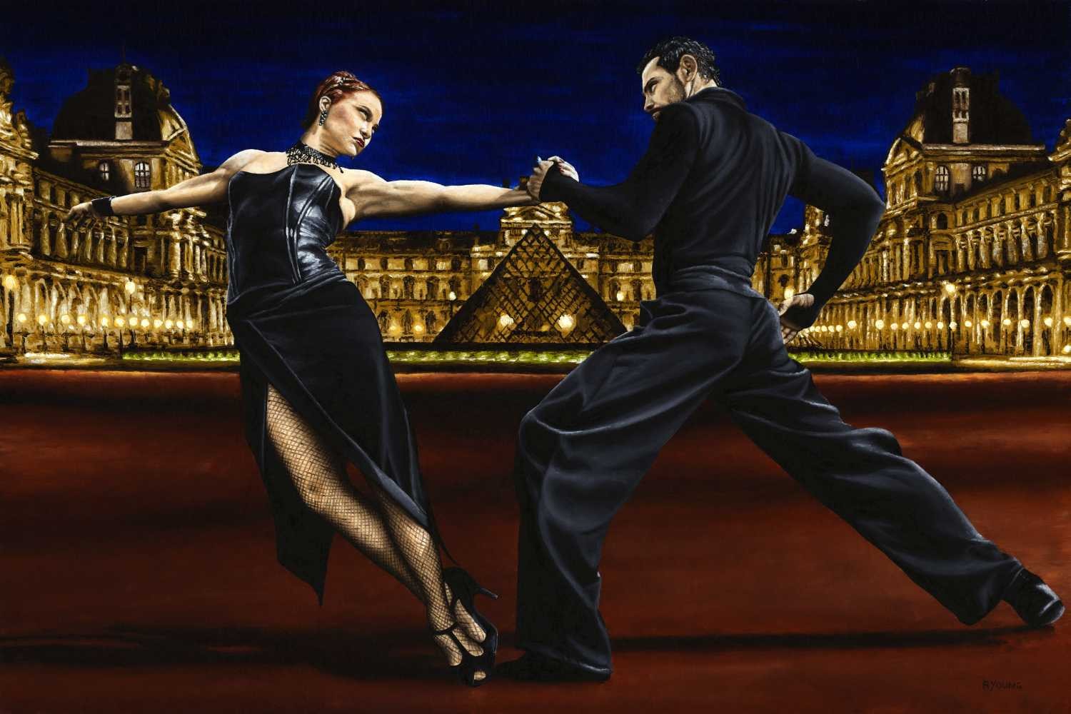 Richard Young, last tango in paris (Tanzpaar, Tango, erotisch, emotional, Louvre, Paris, Nachtszene, Tanz, Frau, Mann, Malerei, zeitgenössischer Realismus, Wohnzimmer, Wunschgröße, bunt)