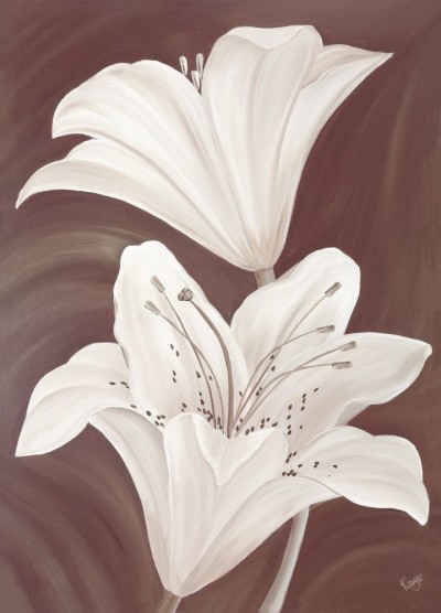 Kaye Lake, CHOCOLATE LILLIES (Blumen, Blüten, Lilien, Natur, Botanik, Treppenhaus, Wohnzimmer, Malerei, Zeitgenössisch, weiß / braun)