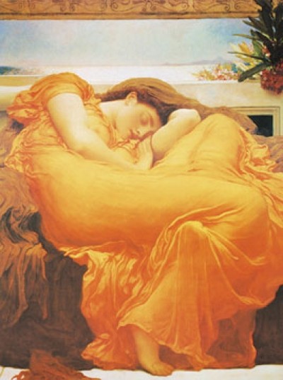 Lord Frederick Leighton, Flaming June (Neoklassizismus, Präraffaeliten, Malerei, Mensch, Frau, schlafende Frau, Ausblick, Meer, gelbes Kleid, Monat Juni, Klassiker, Schlafzimmer, Wohnzimmer, Malerei, bunt)