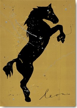 Leon Bosboom, Cria de Caballos (Pferd, Silhouette, Bewegung, Energie, aufsteigend, Farbkleckse, figurativ, Modern, Wohnzimmer, Treppenhaus, Jugendzimmer, Wunschgröße, Malerei, zeitgenössische Malerei, schwarz / gold)