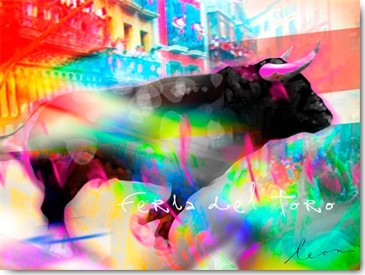 Leon Bosboom, Feria del Toro (Stier, Bewegung, Kraft, Energie, Leuchtfarben, figurativ, Modern, Wohnzimmer, Jugendzimmer, Wunschgröße, Malerei, zeitgenössische Malerei, neon / bunt)