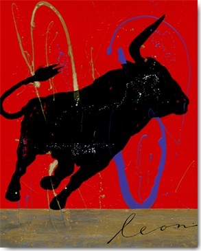 Leon Bosboom, Fiesta del Toro (Stier, Energie, Kraft, Bewegung, figurativ,  zeitgenössische Malerei, modern, Wohnzimmer, Jugendzimmer, Wunschgröße,  rot / schwarz)