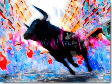 Leon Bosboom, Viva el Toro (Stier, Bewegung, Kraft, Energie, Jubel, Leuchtfarben, figurativ, Modern, Wohnzimmer, Jugendzimmer, Wunschgröße, Malerei, zeitgenössische Malerei, neon / bunt)