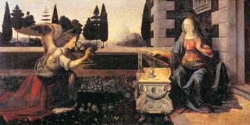 Leonardo da Vinci, Die Verkndigung Mariae (Wunschgröße, Klassiker, Renaissance, Malerei, Religion, Christentum, Neues Testament, Verkündigung, Engel, Erzengel, Gabriel, Heilige, Maria, Landschaft,  Schlafzimmer, Wohnzimmer, bunt,)