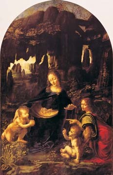 Leonardo da Vinci, Vergine delle rocce (Wunschgröße, Klassiker, Renaissance, Malerei, Jungfrau, Heilige, Jesus, Maria, Erzengel Uriel, Engel, Johannes der Täufer, Kinder, Landschaft, Felsen, Felsengrotte, Schlafzimmer, Wohnzimmer, bunt)