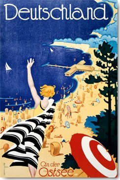 Leonhard F.W. Fries, Deutschland, An der Ostsee (Wunschgröße, Plakatkunst, Touristik, Retro, Nostalgie, Badeurlaub, Urlaub, Ostsee, Strand, Spaß, Sonnenschirm, Erholung, Treppenhaus, Badezimmer, bunt)