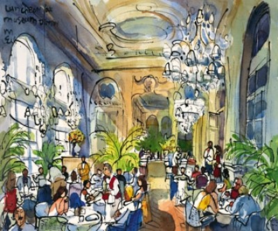 Michael Leu, Luncheon, Musée d'Orsay (Malerei, Zeitgenössisch, Aquarell, Frankreich, Städte, Paris, Museum, Restaurant, Interieur, Tische, Besucher, Essen, Trinken, Bedienung, bunt)