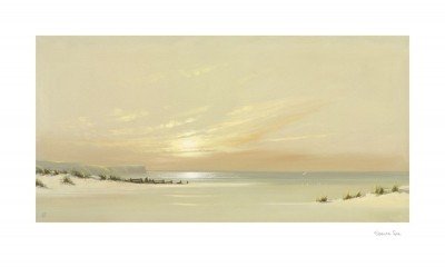 Spencer Lee, DISTANT SHORES II (Meeresbrise, Landschaften, Strand, Sand, Horizont, Sonne, Büro, Wohnzimmer, Malerei, bunt)