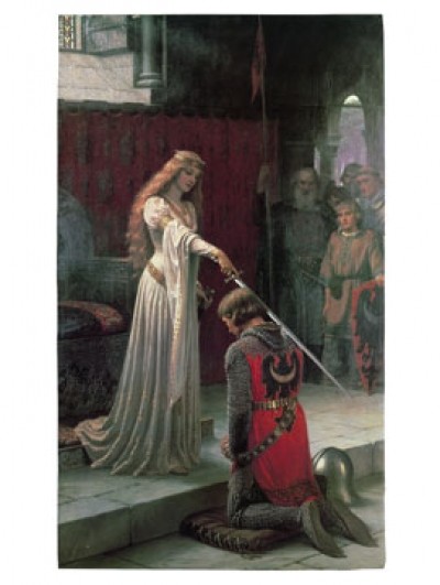 Edmund Blair Leighton, The Accolade, 1901 (Malerei, Präraffaeliten, Romantik, Burg, Ritter, Schwert, Frau, Mittelalter, Ritterschlag, bunt)