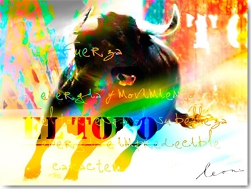 Leon Bosboom, El Toro (Stier, Bewegung, Kraft, Energie, Leuchtfarben, figurativ, Modern, Wohnzimmer, Jugendzimmer, Wunschgröße, Malerei, zeitgenössische Malerei, neon / bunt)