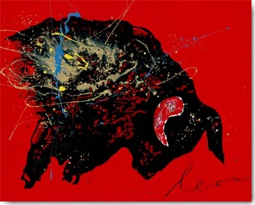 Leon Bosboom, Toro Furia (Stier, wütender Stier, Energie, Kraft, figurativ,  zeitgenössische Malerei, modern, Wohnzimmer, Jugendzimmer, Wunschgröße,  rot / schwarz)