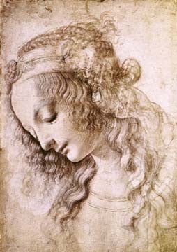 Leonardo da Vinci, Frauenkopf (Klassiker, Renaissance, Zeichnung, Portrait, Mädchen, Frau, Kopf, Studie, Frauenkopf, Ombra, Schlafzimmer, Wohnzimmer, rot-braun,)