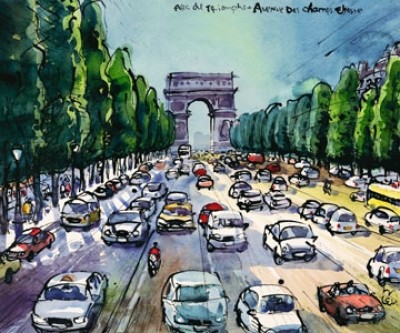 Michael Leu, Arc de Triomphe (Malerei, Zeitgenössisch, Aquarell, Frankreich, Städte, Landschaften, Paris, Torbogen, Champ Elysees, Bäume, Allee, Verkehr, Autos, bunt)