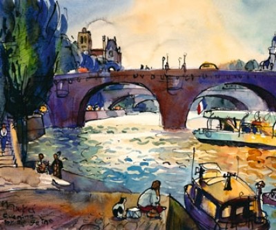 Michael Leu, Evening by the Seine (Malerei, Zeitgenössisch, Aquarell, Frankreich, Städte, Landschaften, Paris, Fluss, Seine, Brücke, Abendstimmung, Boote, Menschen, Katze, Licht, bunt)