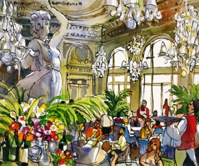 Michael Leu, Museum Luncheon-III (Malerei, Zeitgenössisch, Aquarell, Frankreich, Städte, Paris, Museum, Restaurant, Tische, Stühle, Besucher, Kellner, Bedienung, bunt)