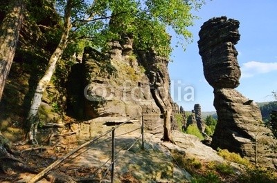 LianeM, Herkulessäulen - hercules columns 01 (felsen, schweiz, sachsen, deutschland, herbst, elbsandsteingebirge, gebirge, berg, elbsandstein, wandern, hiking, sandstein, gestein, backstein, baum, wald, zerklüftet, grau, verwittert, europa, tal, dresden, anblick, sächsische schweiz, säulen, herkule)