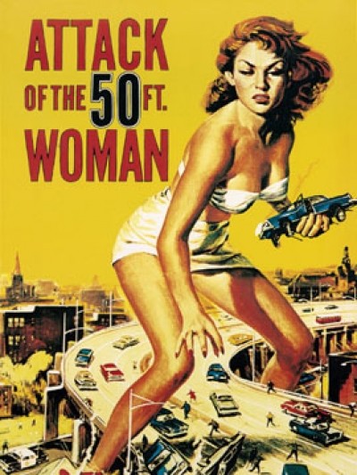Liby, Attack of the 50FT. Woman (Modern, Malerei, Plakatkunst, Vintage, Autobahn, Autos, Frau, Erotik, Riesin, Unfall, Katastrophe, bunt)