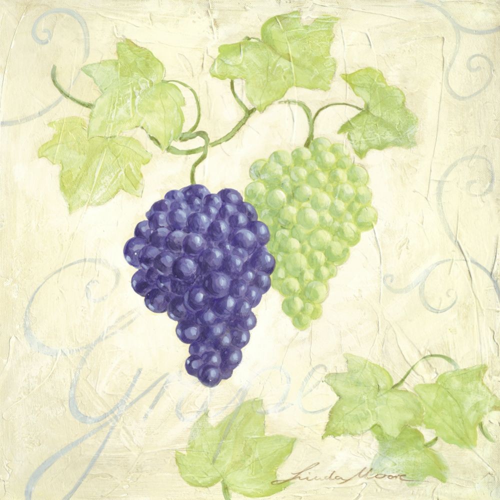 Linda Moore, GRAPE (Malerei, Trauben, Weintrauben, blaue Trauben, weiße Trauben, Studie, Weinblätter, Botanik, Nostalgie, Küche, Bistro, Esszimmer, bunt)