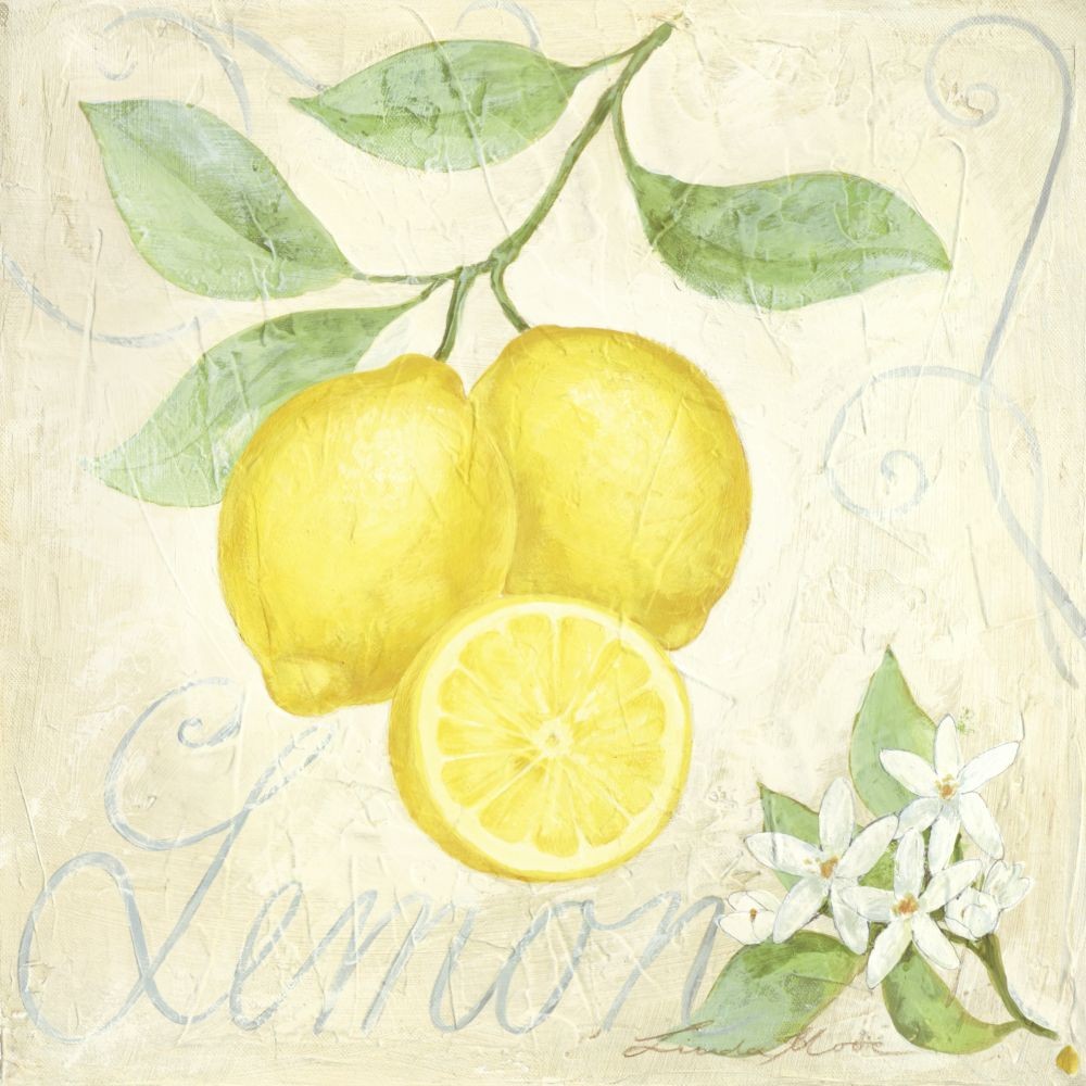 Linda Moore, LEMON (Malerei, Zitronen, Studie, halbe Zitrone, Zitrusfrucht, Obst, Zitronenblüten, Botanik, Nostalgie, Küche, Bistro, Esszimmer, bunt)