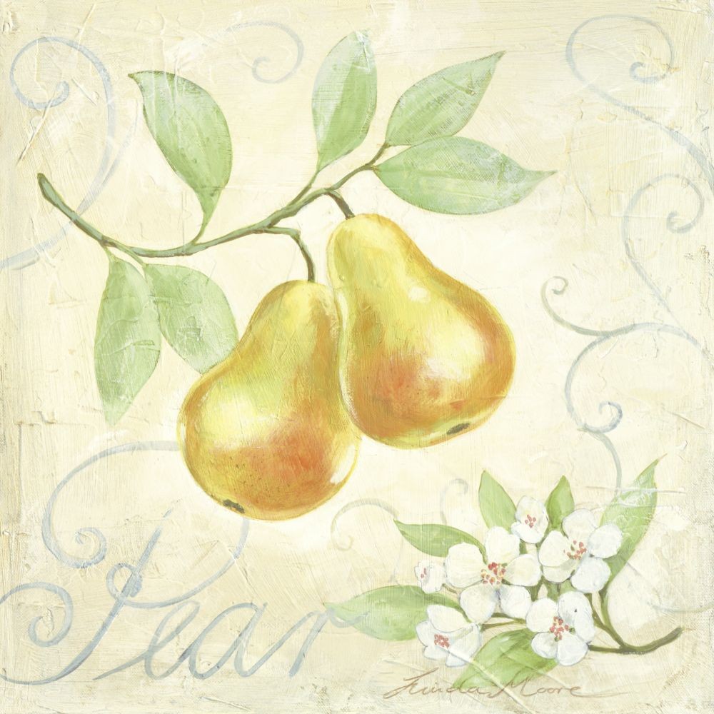Linda Moore, PEAR (Malerei, Birnen, Studie, kernobst, Obst, Birnbaumblüten, Botanik, Nostalgie, Küche, Bistro, Esszimmer, bunt)