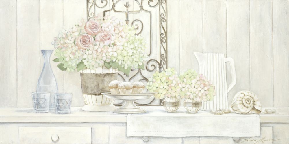 Linda Moore, Sunday Afternoon (Malerei, Stillleben, Kommode, Blumen, Vasen, Flaschen, Kanne, Schneckenhaus, Kuchen Cup cakes, Nostalgie,  Esszimmer, Landhaus, pastell, bunt)