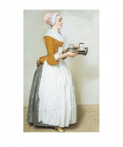 Jean-Étienne Liotard, GIRL WITH CHOCOLATE DRINKS (Klassizismus, Malerei, Frau, Kakao, Trinkschokolade, Tasse, Tablett, Hausmädchen, Dienerin, Dienstmädchen, Küche, Esszimmer, Treppenhaus, bunt)