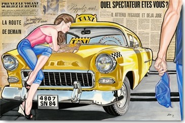 Lisa.C, Taxi (Pin Up, Frau, Mädchen, Taxifahrerin, Gelbes Taxi,   Zeitungsartikel, Grafik, Treppenhaus, Wohnzimmer, Wunschgröße, bunt)