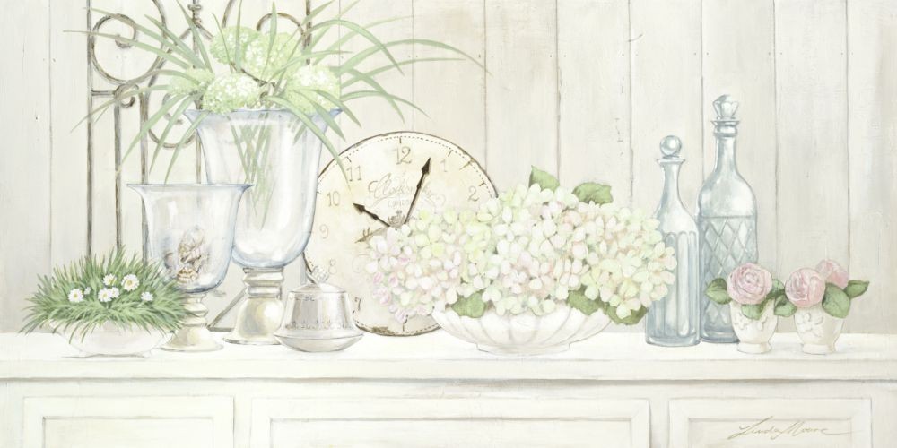 Linda Moore, Timeless (Malerei, Stillleben, Kommode, Blumen, Vasen, Flaschen, Uhr, Nostalgie,  Esszimmer, Landhaus, pastell, bunt)