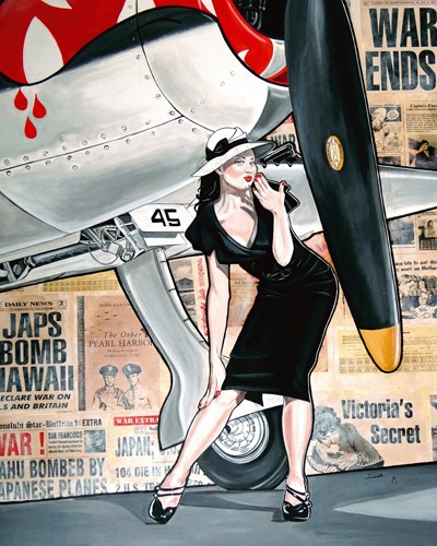 Lisa.C, Victoria (Pin Up, Frau, Mädchen, Flugzeug, Propeller, Zeitungsartikel, Krieg, Weltkrieg, Grafik, Treppenhaus, Wohnzimmer, Wunschgröße, bunt)