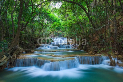 lkunl, Deep forest Waterfall in Kanchanaburi, Thailand (wasserfall, wasser, fallen, erstaunlich, schöner, sturzbach, cascade, katarakt, sauber, kühl, flüsschen, strom, smaragd, strömend, flüssig, laubwerk, wald, frisch, frische, grün, himmel, urwald, landschaft, leaf, bewegung, natürlich, natur, paradis)