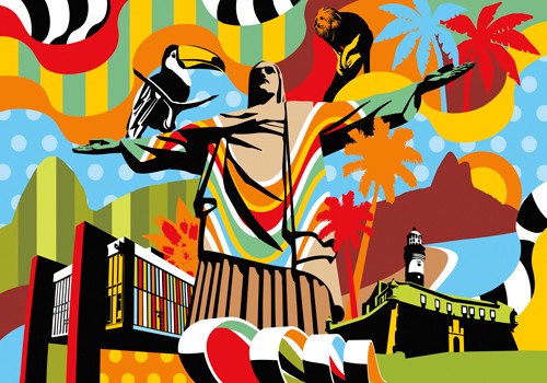 Lobo, Brazil (Wunschgröße, Modern, Pop Art, Malerei, Wahrzeichen, Brasilien, Statue, Christus, Palmen, Tukan, Jugendzimmer, Wohnzimmer, schrill, bunt)