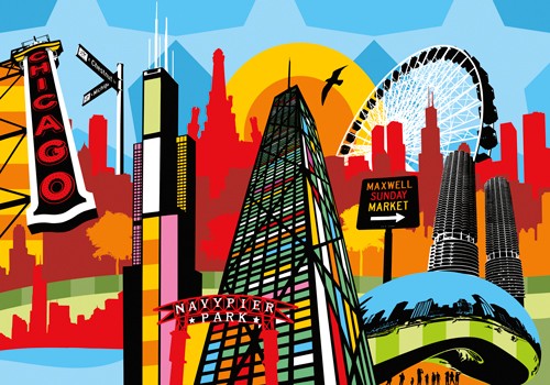 Lobo, Chicago (Wunschgröße, Modern, Pop Art, Malerei, Wahrzeichen, Amerika, Metropole, Chicago, Hochhaus, Riesenrad, Skyline, Jugendzimmer, Wohnzimmer, schrill, bunt)