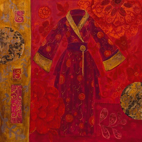 Loetitia Pillault, Prcieux Kimono (Kimono, Farbfelder, exotische Muster, Ornamente, Japanisch, Wunschgröße, Treppenhaus, Wohnzimmer, rot/gold)