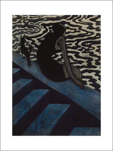 Lon SPILLIAERT, La baigneuse, 1910 (Treppe, Wasser, Badende, Badeanzug, Frau, Hund, Meeresbrise, maritim, Klassische Moderne, Wohnzimmer, Malerei, bunt)